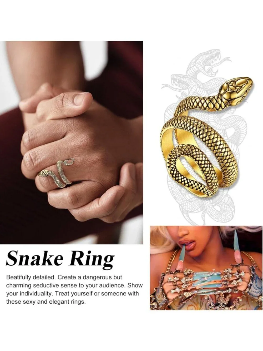 Punk Gothic Snake Wrap Ring for Men & Women, Stainless Steel Biker Jewelry, Size